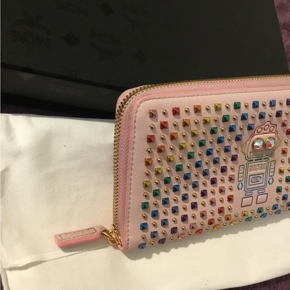 MCM Rainbow Studded Robot Pink Leather Full Size Zipper Wallet - Picture 4 of 16